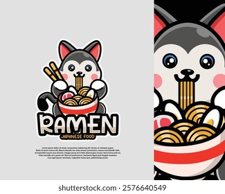 Cute Husky Dog Eating Ramen Noodle Logo Cartoon Vector Icons Illustration