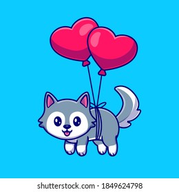 Cute Husky Dog Floating With Heart Balloon Cartoon Vector Icon Illustration. Animal Love Icon Concept Isolated Premium Vector. Flat Cartoon Style