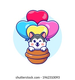 Cute husky dog flying with love balloon cartoon