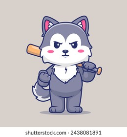 Perro Husky lindo que sostiene la ilustración del icono del vector del murciélago de béisbol. Concepto de icono de deporte animal Vector Premium aislado. Estilo plano de dibujos animados