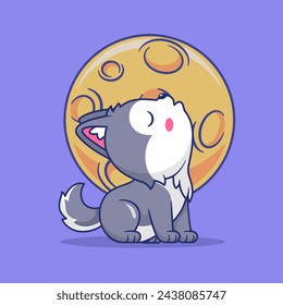 Cute Husky Dog Howl With Moon Cartoon Vector Icon Illustration. Animal Nature Icon Concept Isolated Premium Vector. Flat Cartoon Style