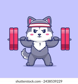 Cute Husky Dog Lifting Barbell Cartoon Vector Icon Illustration. Animal Sport Icon Concept Isolated Premium Vector. Flat Cartoon Style