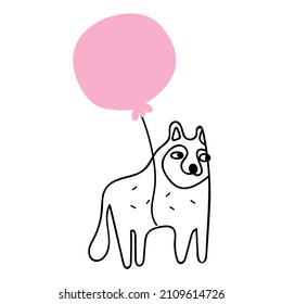 Cute Husky dog with pink balloon. Outline vector illustration. 
