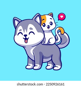 Cute Husky Dog Playing With Cat Cartoon Vector Icon Illustration. Animal Love Icon Concept Isolated Premium Vector. Flat Cartoon Style