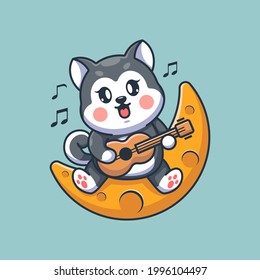 Cute Husky Dog Playing Guitar On The Moon