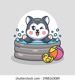 Cute husky dog playing in an inflatable pool
