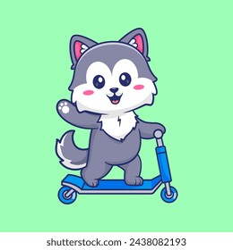 Cute Husky Dog Playing Scooter Cartoon Vector Icon Illustration. Animal Transportation Icon Concept Isolated Premium Vector. Flat Cartoon Style