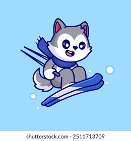 Cute Husky Dog Playing Ski Cartoon Vector Icon Illustration. Animal Sport Icon Concept Isolated Premium Vector. Flat Cartoon Style