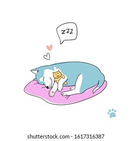 Cute husky dog, quote card print. Doggie is sleeping print with phrase. Happy dog cute sleeping on a pillow, hugging with a toy  vectorillustration on white background - card, sticker, patch badge. 