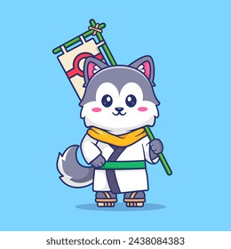 Netter Husky Hund Samurai Cartoon Vektor-Ikone Illustration. Animal Holiday Icon Concept Isolated Premium Vektor. Flacher Zeichentrickstil