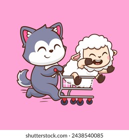 Cute Husky Dog And Sheep Playing With Trolley Cartoon Vector Icon Illustration. Animal Nature Icon Concept Isolated Premium Vector. Flat Cartoon Style