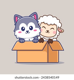 Cute Husky Dog And Sheep Playing In Box Cardboard Cartoon Vector Icon Illustration. Animal Nature Icon Concept Isolated Premium Vector. Flat Cartoon Style