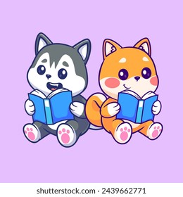 Cute Husky Dog And Shiba Inu Dog Reading Book Cartoon Vector Icon Illustration. Animal Education Icon Concept Isolated Premium Vector. Flat Cartoon Style