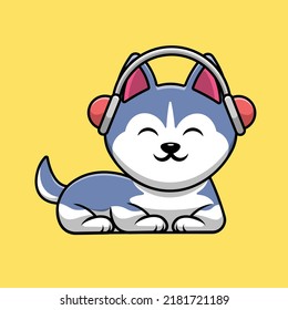 Cute Husky Dog Sitting Listening Music With Headphone Cartoon Vector Icon Illustration. Animal Technology Flat Cartoon Concept