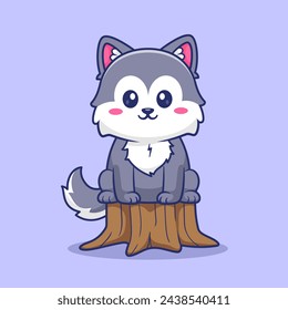 Cute Husky Dog Sitting On Tree Cartoon Vector Icon Illustration. Animal Nature Icon Concept Isolated Premium Vector. Flat Cartoon Style