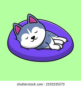 Cute Husky Dog Sleeping On Pillow Cartoon Vector Icon Illustration. Flat Cartoon Concept