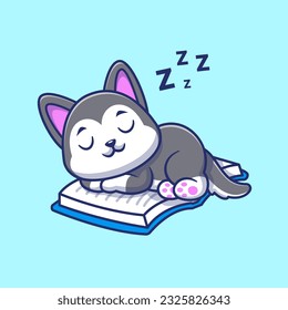 Cute Husky Dog Sleeping On Book Cartoon Vector Icon Illustration. Animal Education Icon Concept Isolated Premium Vector. Flat Cartoon Style