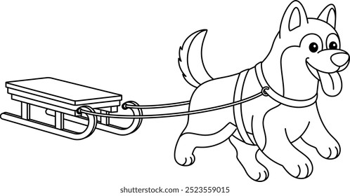 Cute husky dog and sleigh outline coloring page. Christmas and Winter Illustration 