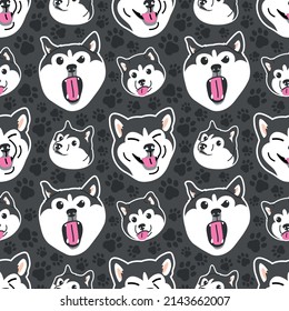 CUTE HUSKY DOG WITH SOME DIFFERENT EXPRESSIONS IN BLACK BACKGROUND. FLAT SEAMLESS PATTERN.