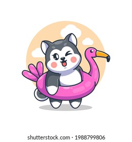 Cute husky dog wearing flamingo swim ring cartoon