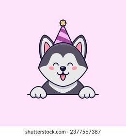 Cute husky dog is wearing party hat. Vector flat illustration in cartoon style at birthday or other celebrations