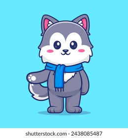 Cute Husky Dog Winter Cartoon Vector Icon Illustration. Animal Fashion Icon Concept Isolated Premium Vector. Flat Cartoon Style