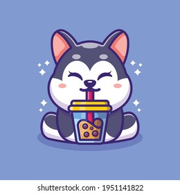 Cute husky drinking boba milk tea cartoon