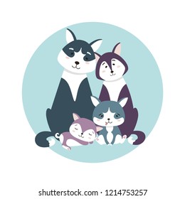 Cute husky family. Mom, Dad and puppies brother and sister. Childish hand-drawn illustration in simple cartoon style in pastel colors.