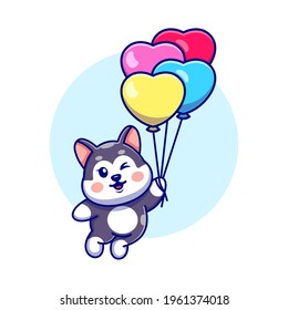 Cute husky floating with balloon cartoon