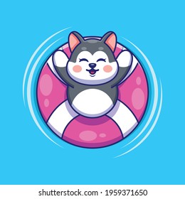 Cute husky floating with swimming cartoon