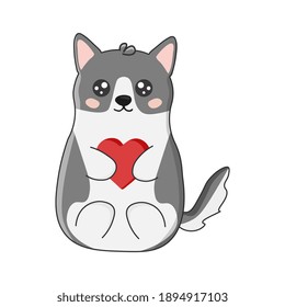 Cute husky with heart in cartoon style. Vector illustration isolated on white background. Print for t-shirts, stickers,  design and more.