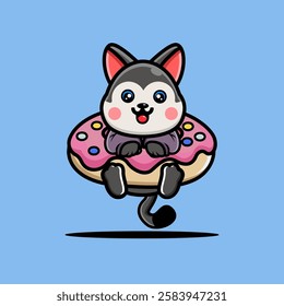 Cute husky hug big doughnut cartoon