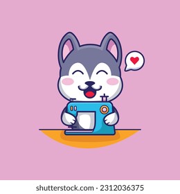 Cute Husky Hug The Sewing Machine With Love Vector In Funny Animal Cartoon Illustration Style. Premium Vector. Animal Cartoon Mascot Design