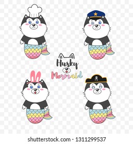 Cute husky mermaid logo set for kid store 