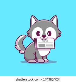 Cute Husky With Newspaper Cartoon Vector Icon Illustration. Animal Icon Concept Isolated Premium Vector. Flat Cartoon Style 
