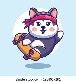 Cute husky play skateboard cartoon