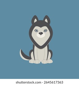 Cute husky puppy sitting on blue background, flat vector cartoon illustration