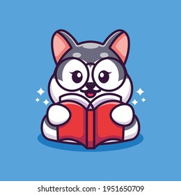 Cute Husky Reading Book Cartoon