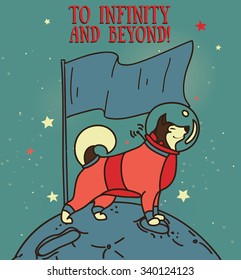 cute husky in spacesuit with flag on new planet, vector illustration