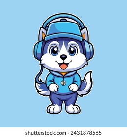 Cute husky wearing headphone vector illustration