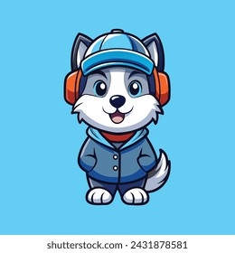 Cute husky wearing headphone vector illustration