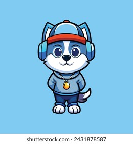 Cute husky wearing headphone vector illustration