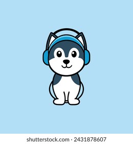 Cute husky wearing headphone vector illustration