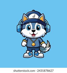 Cute husky wearing headphone vector illustration