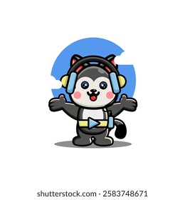 Cute husky wearing headphones and a play button belt arms open with a blue sky background