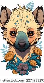 Cute hyena head in flowers