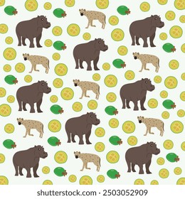 cute hyena, hippopotamus with fruit as a pattern background