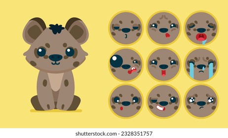 Hiena linda, conjunto de emociones animales, hiena diminuta con coloración de emojis, durmiendo, llorando, triste, aburrida, feliz, emocionada, adorable, sorprendida, descuidada, segura, aterrada, atónita, avatar del vector Flat