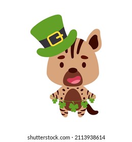 Cute hyena in St. Patrick's Day leprechaun hat holds shamrocks. Irish holiday folklore theme. Cartoon design for cards, decor, shirt, invitation. Vector stock illustration.