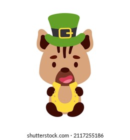 Cute hyena St. Patrick's Day leprechaun hat holds horseshoe. Irish holiday folklore theme. Cartoon design for cards, decor, shirt, invitation. Vector stock illustration.